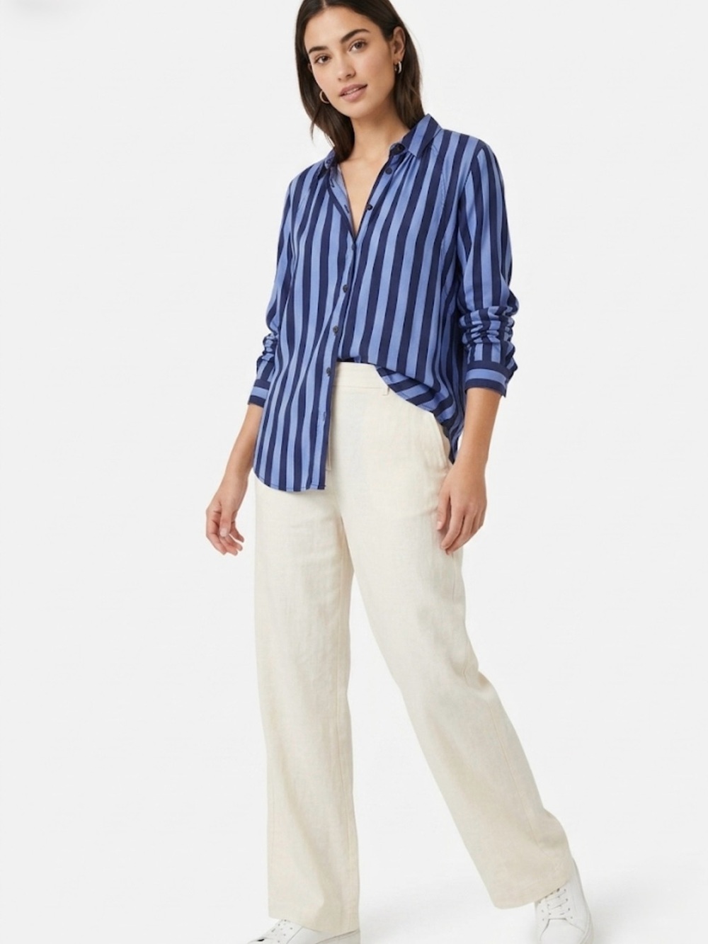Maeve by Anthropologie Blue & Navy Striped Button-Down Blouse Size Small